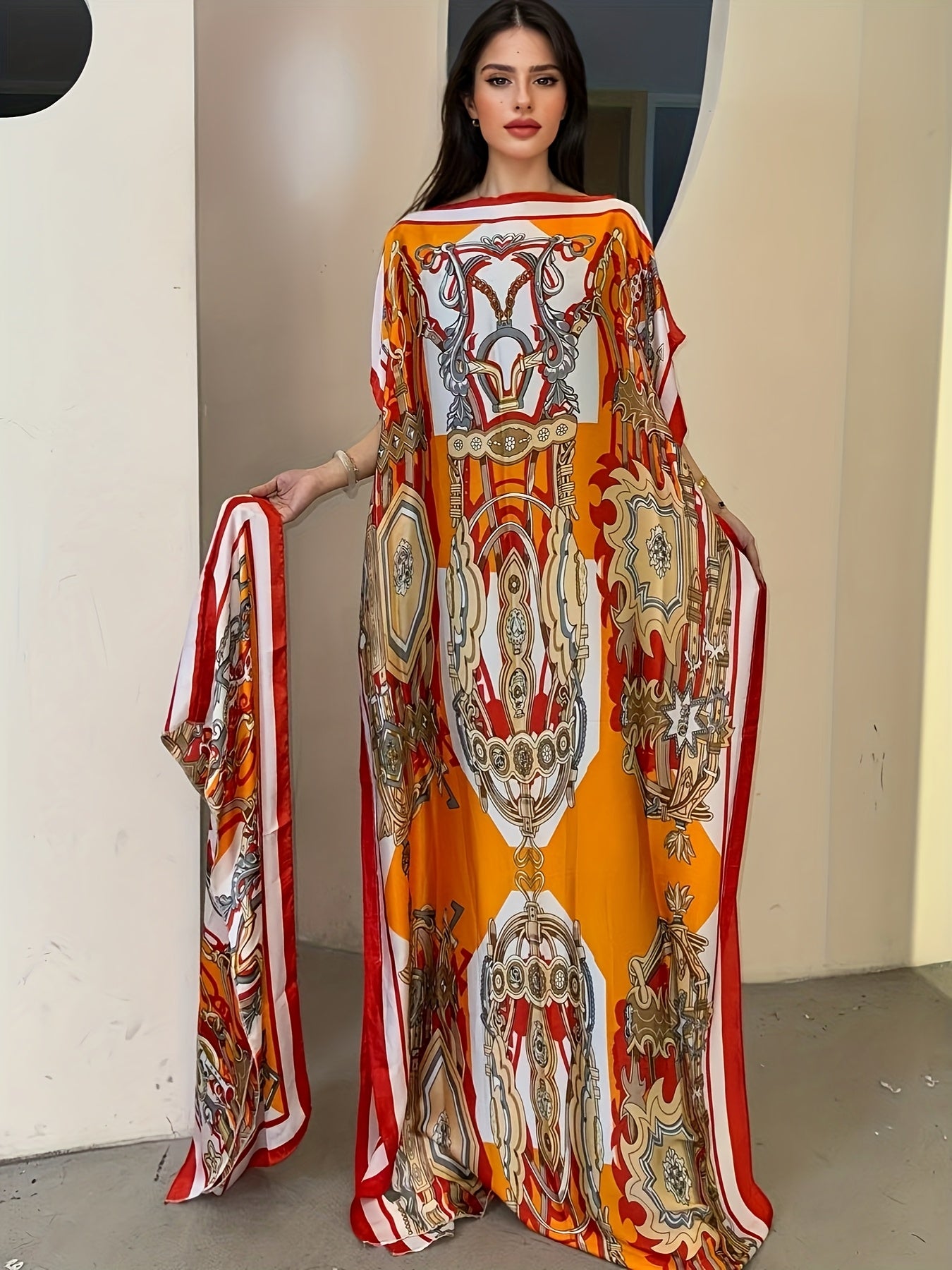 Women's Floral Print Boat Neck Abaya Batwing Sleeve Maxi Dress