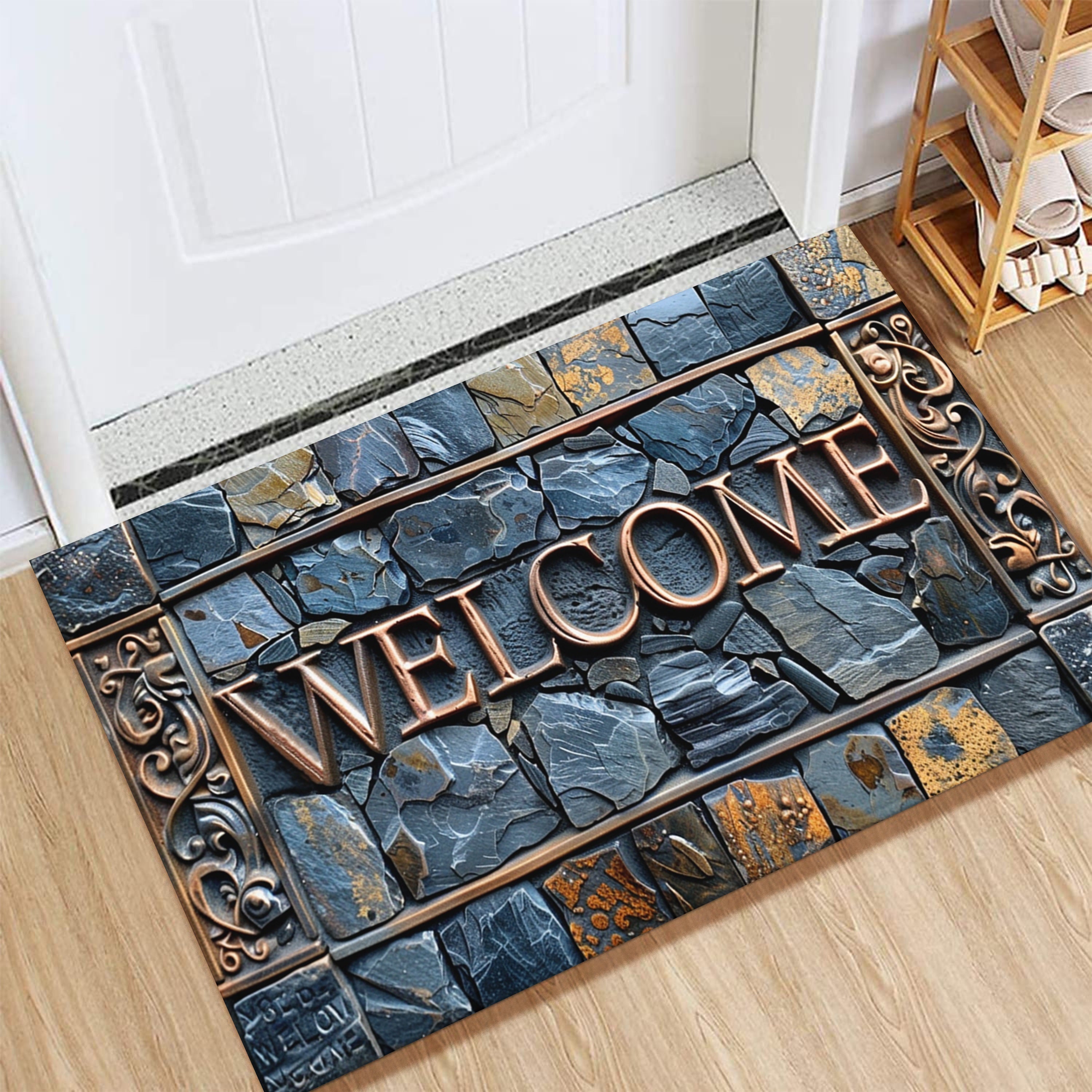 3D Stone Pattern Cobblestone Welcome Mat Waterproof Non-Slip Polyester Entryway Rug