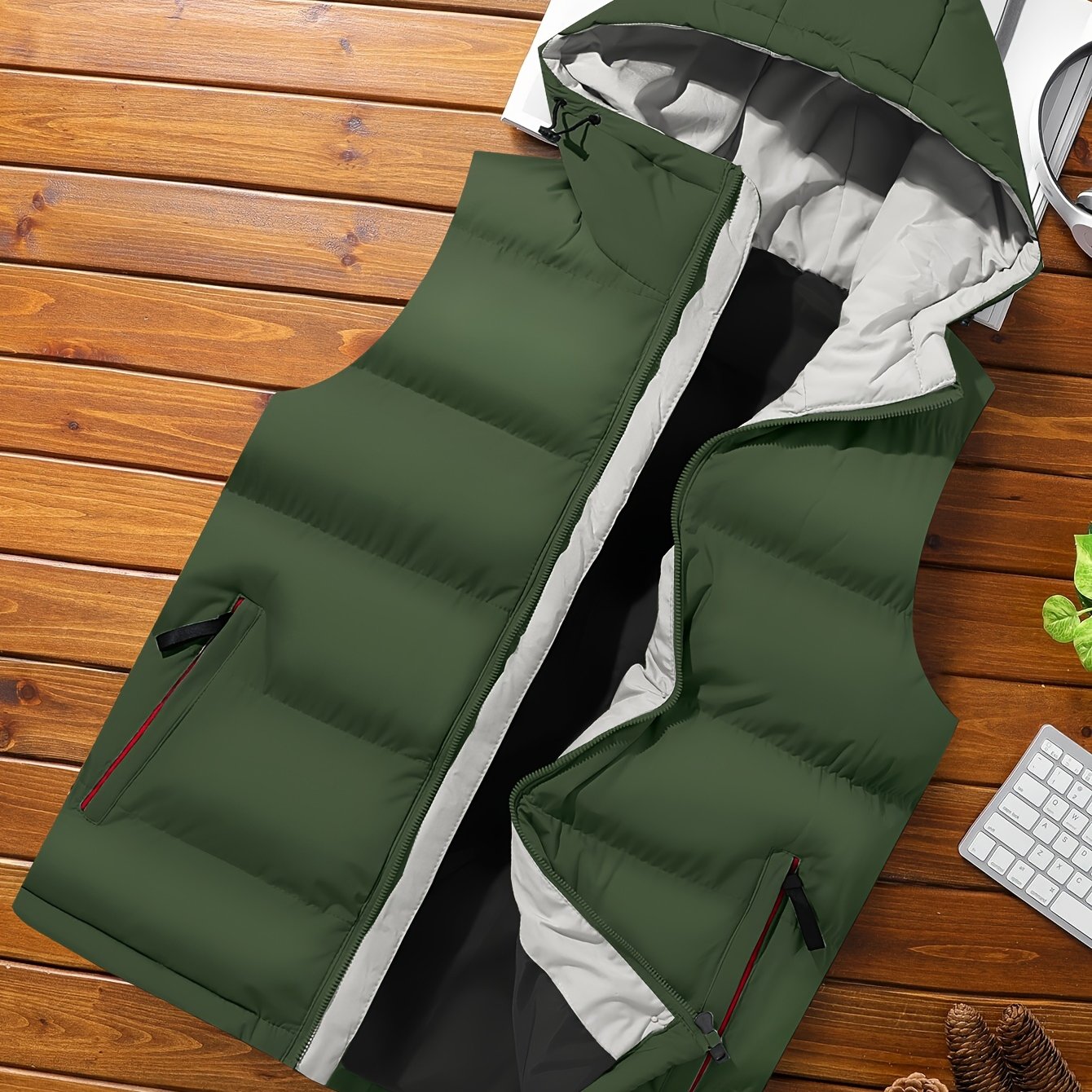 Erkaklar uchun zaytun yashil kapüşonli jilet, fermuarlı cho'ntaklar bilan, yengsiz, mashinada yuvish mumkin bo'lgan polyester, kuz/qish uchun ideal.