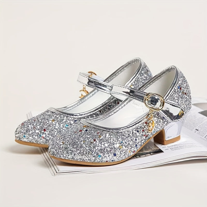 Girls' Crystal High-Heeled Shoes with Glitter and Sequins for Weddings and Parties