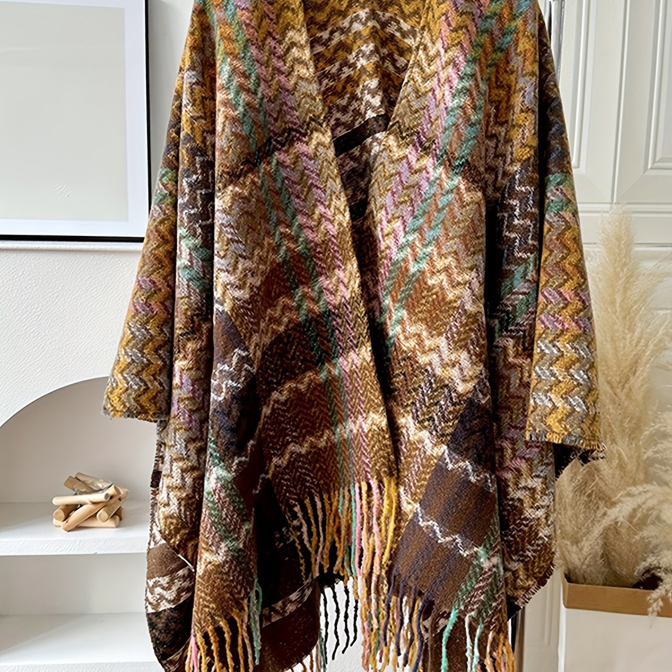 ayollar uchun vintage tekislangan plaid capi tassel kardigan shamol o'tkazmaydigan o'rta uzunlikdagi kurtka