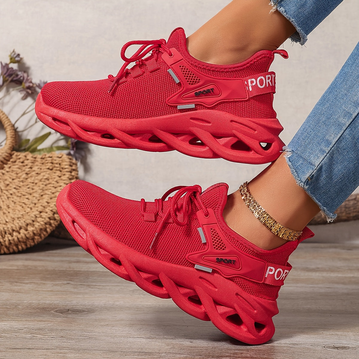 Women's Mesh Running Sneakers, Lightweight Casual Shoes, Red, Breathable