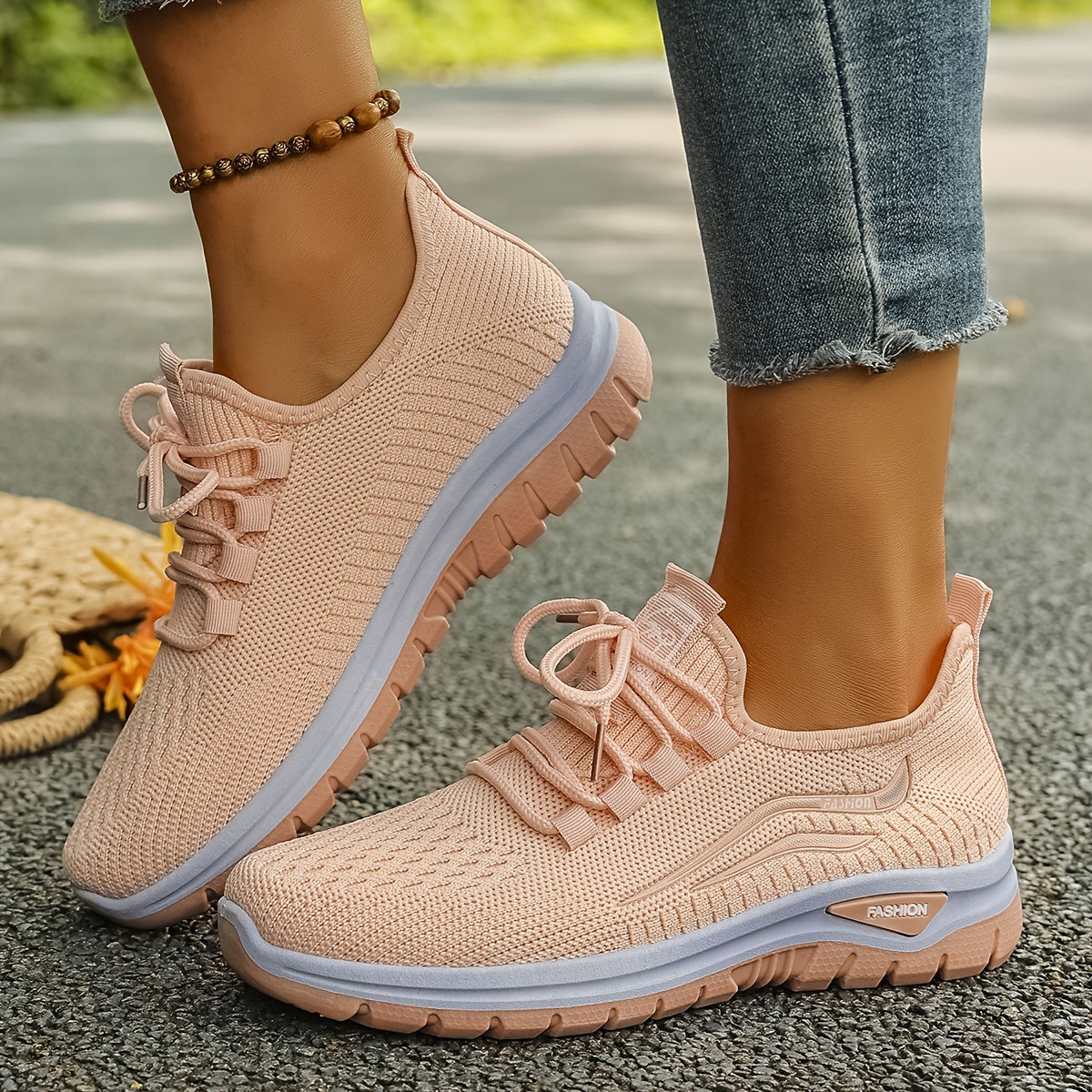 Women's Casual Knit Running Shoes with Lace-Up Patterned Design