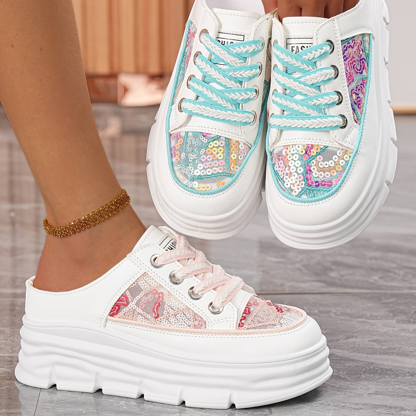 Women's Sequin Slip-On Wedge Sandals With Chunky Sole, Breathable Lace-Up Summer Shoes