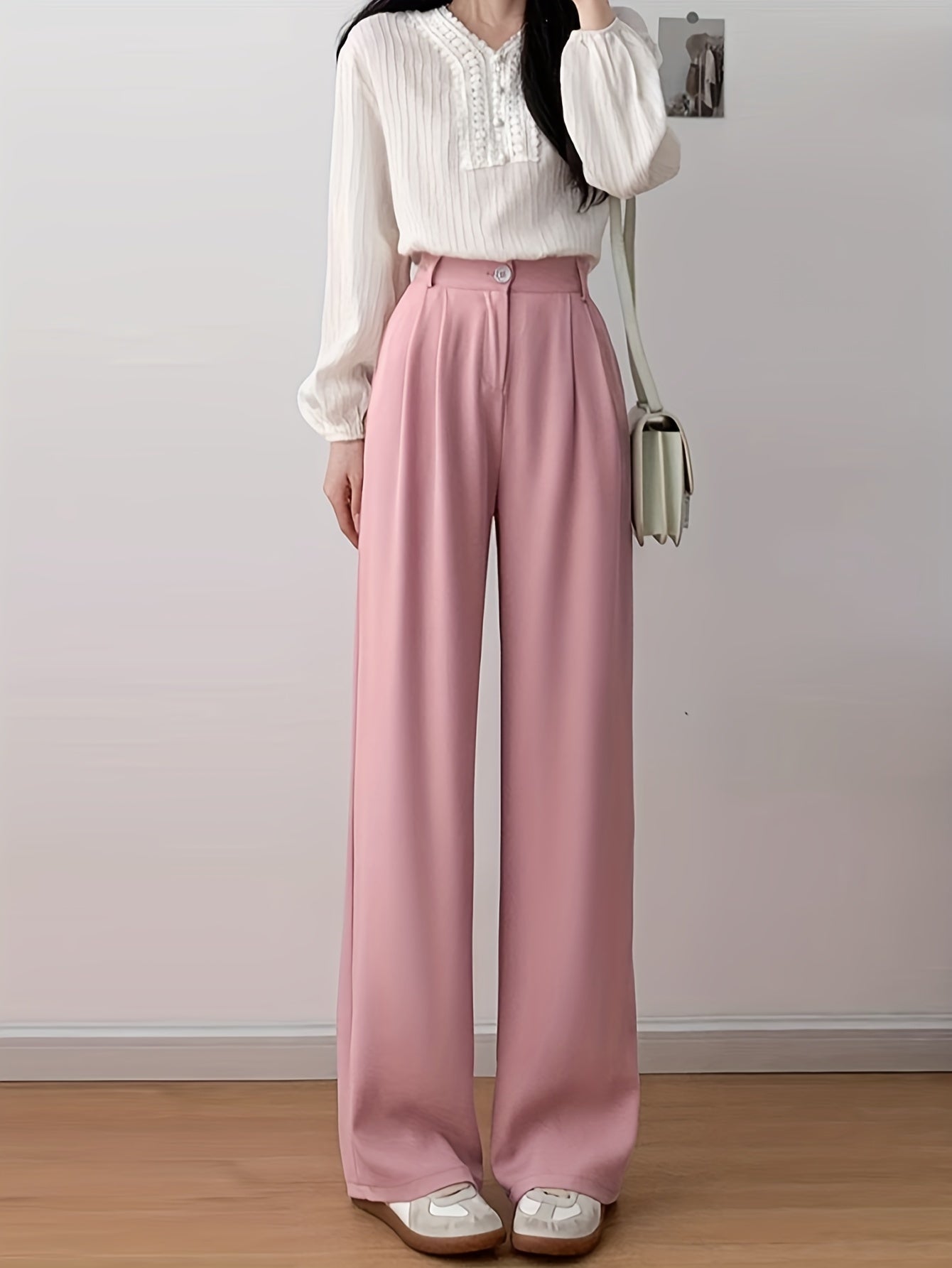 High-Waisted Straight Leg Pants for Women Breathable Wrinkle-Resistant Polyester Elastane