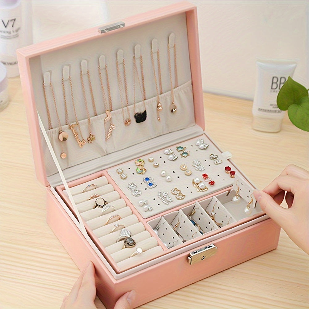 Elegant Faux Leather Triple-Layer Jewelry Box with Lock for Earrings and Accessories