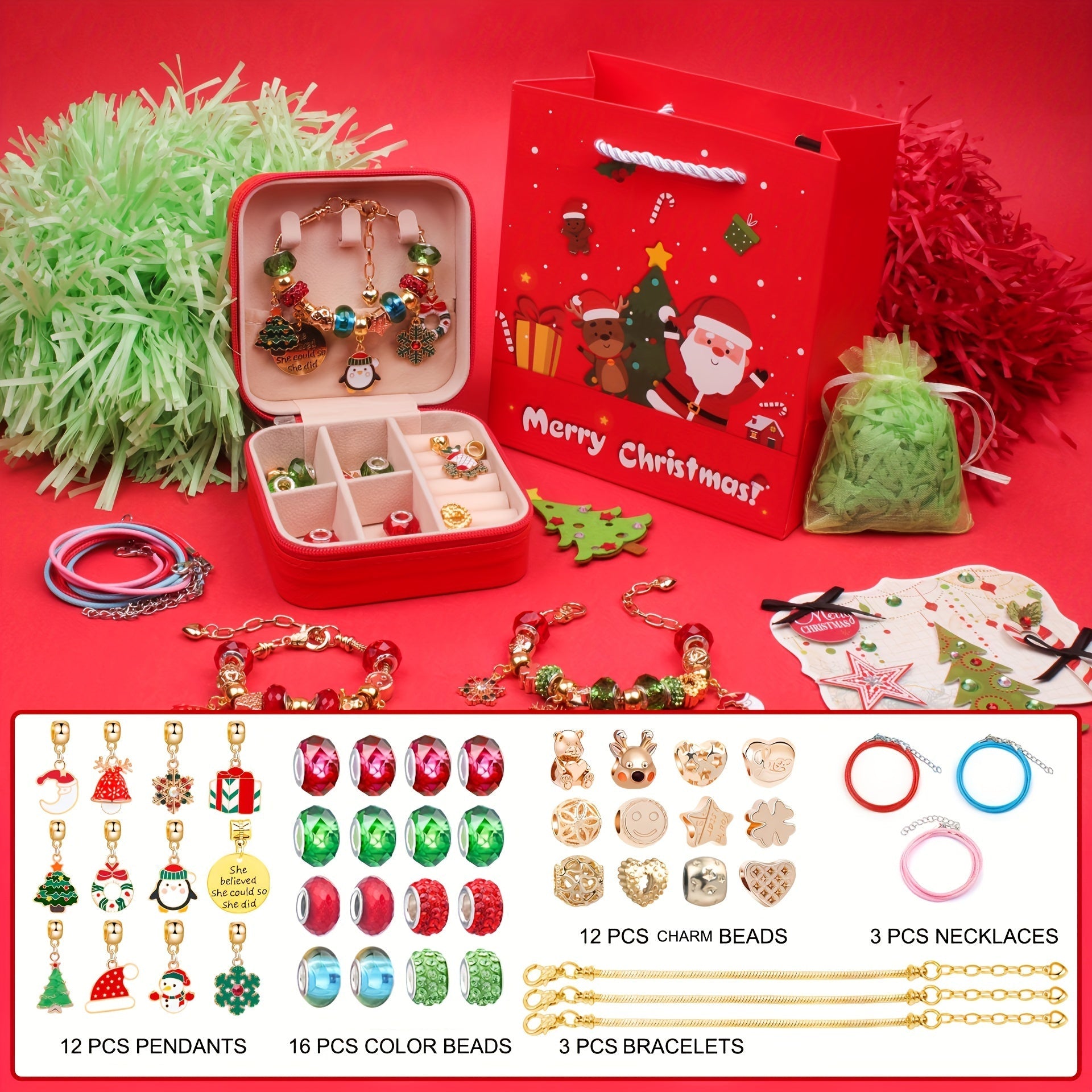 Girls' Jewelry Making Kit with Beads and Pink Leather Gift Box