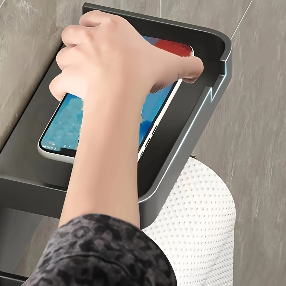 Wall-Mounted Plastic Toilet Paper Holder with Shelf and Phone Stand Self-Adhesive