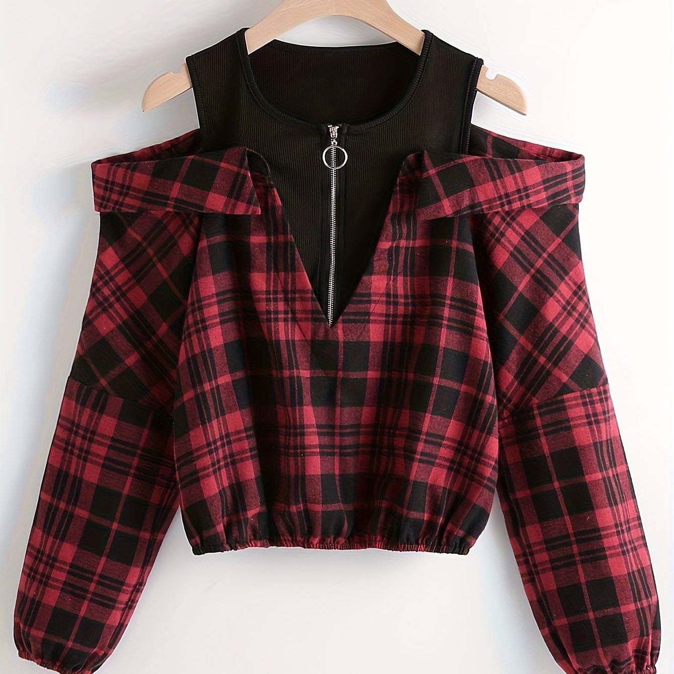 Women's Plaid Cold Shoulder Blouse with Long Sleeves and Quarter Zip for Spring and Fall