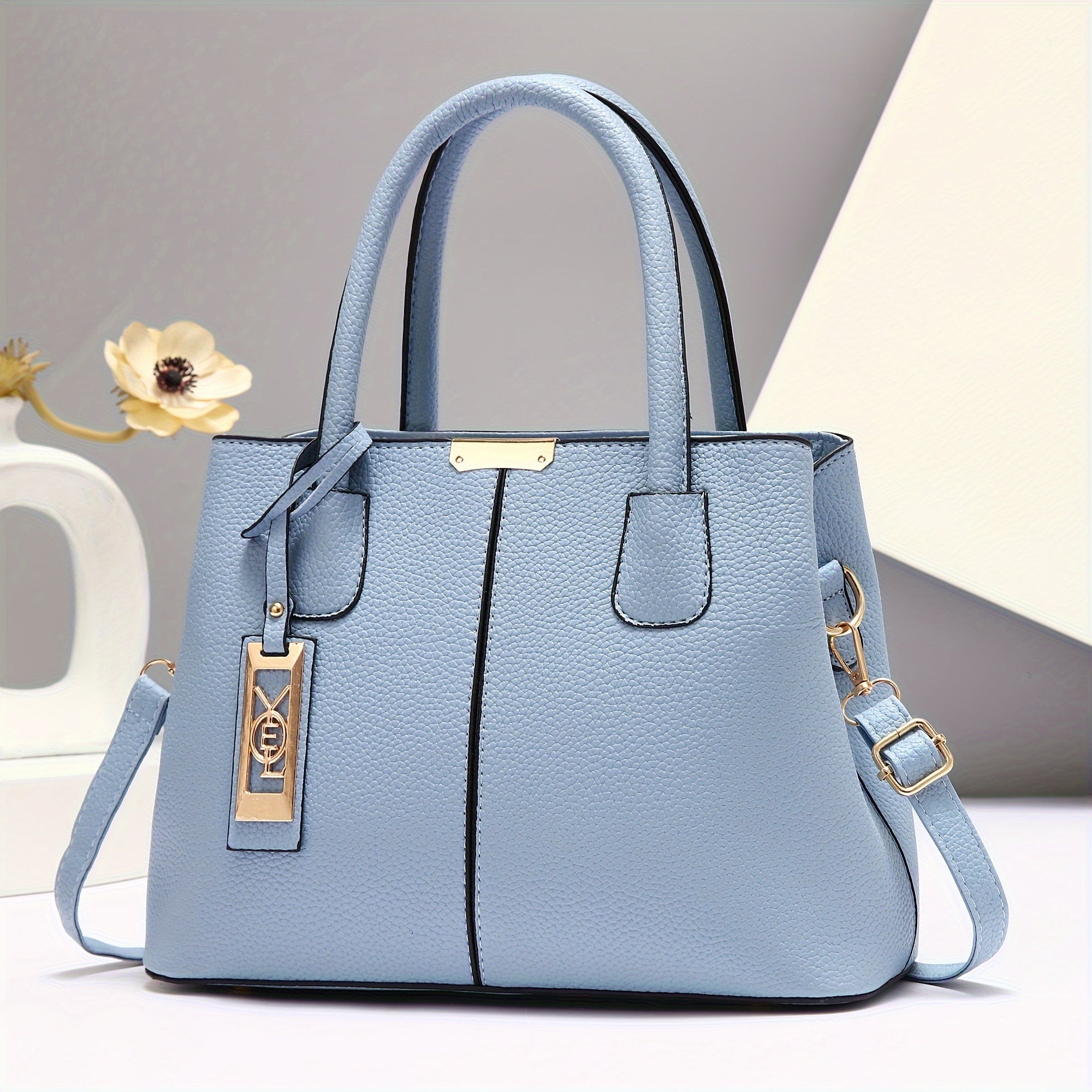 Gray PU Tote Bag with Adjustable Straps and Zipper Closure for Casual Use