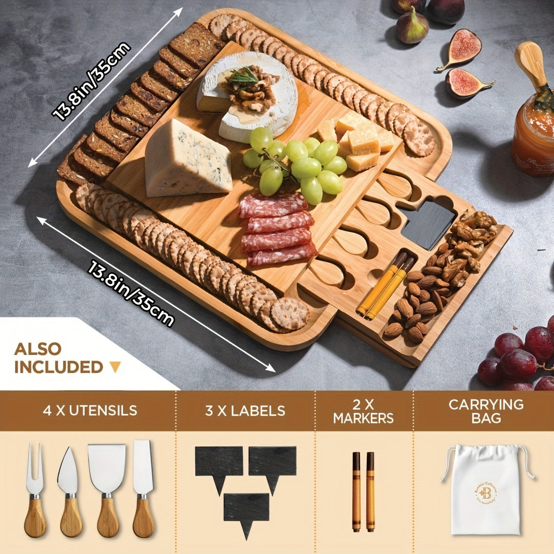Bamboo Cheese Board Set with Tools, Water-Resistant Serving Tray for Charcuterie and Snacks