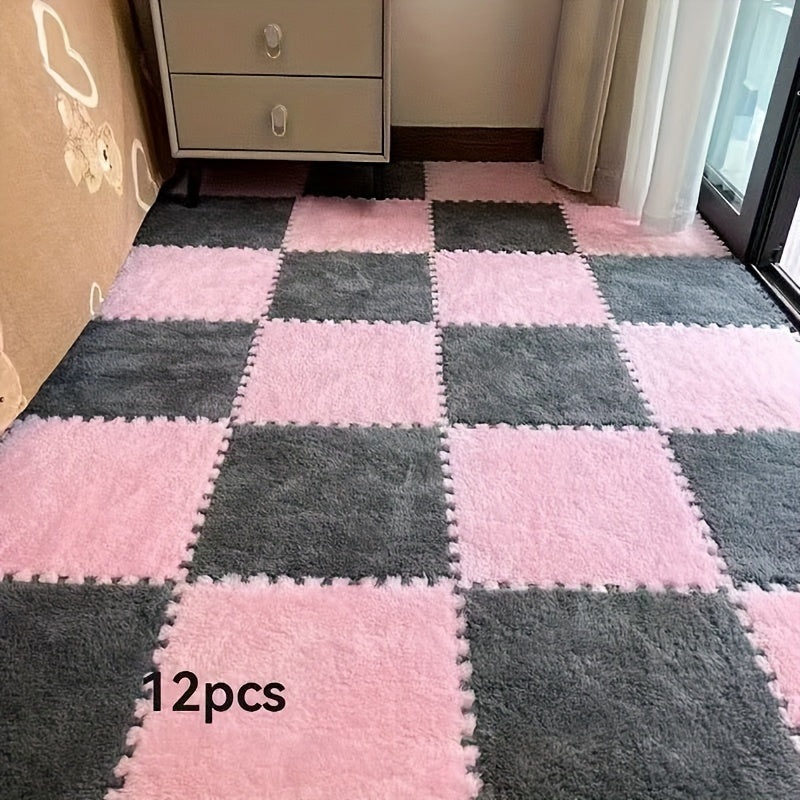 12pcs Square Flower Pattern Plush Area Rugs Set Washable Non-Slip Low Pile Polyester EVA Bedroom Living Room Decor