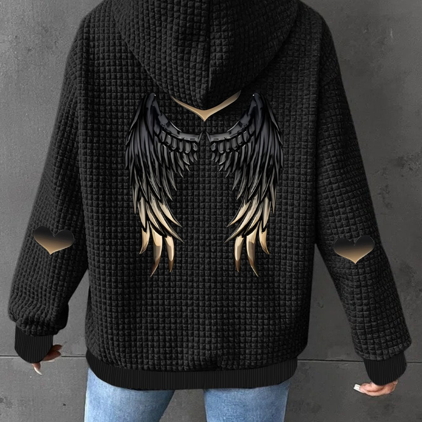 Women's Black Waffle Knit Hooded Zip-Up Jacket Casual All-Season Coat