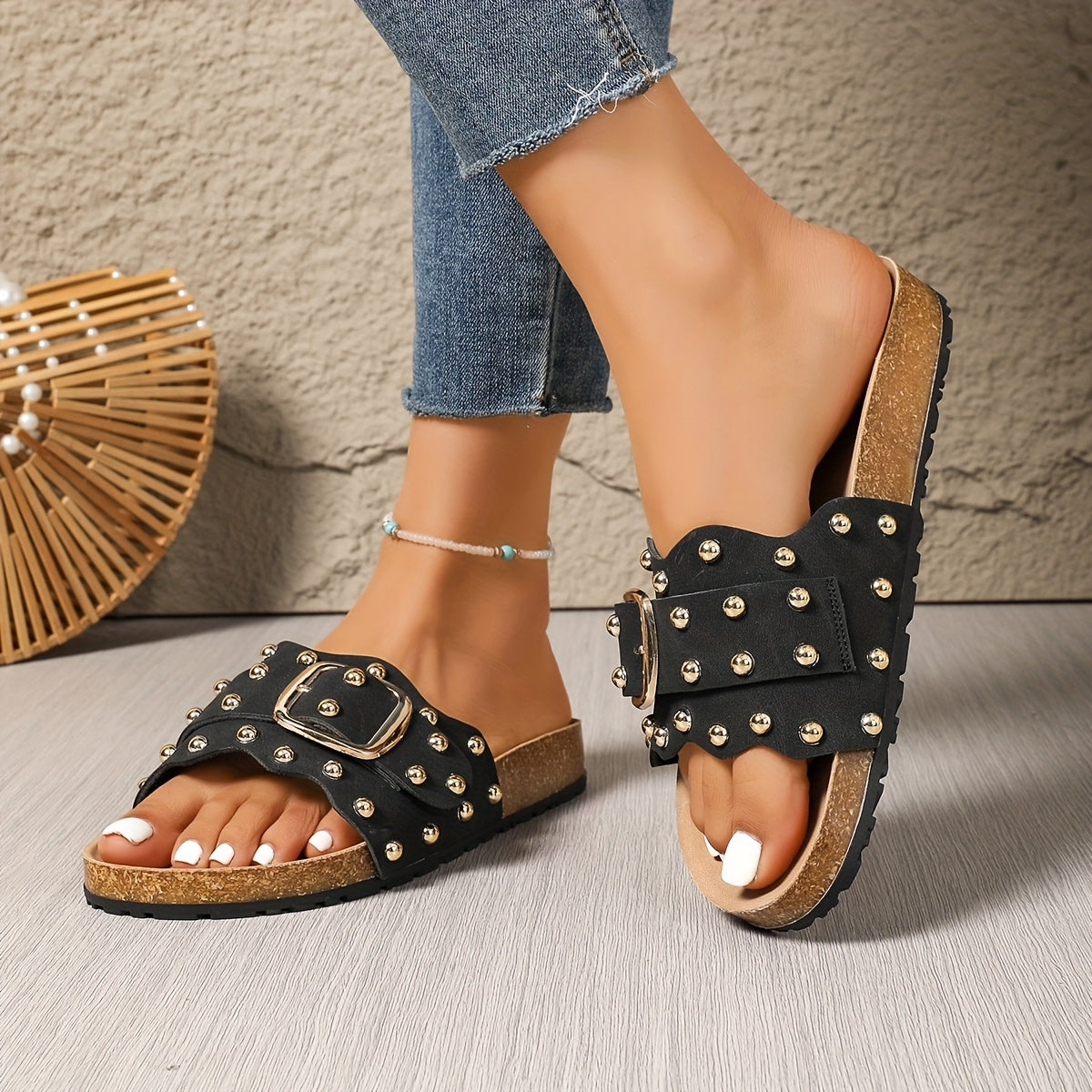 Women's Black Studded Slip-On Flat Sandals Open-Toe Summer Beach Shoes