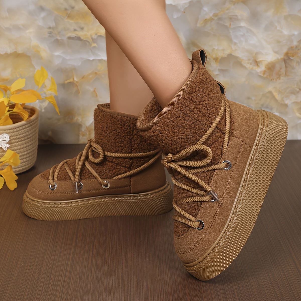 Women's Solid Color Faux Fur Lined Winter Ankle Boots with Platform Heel