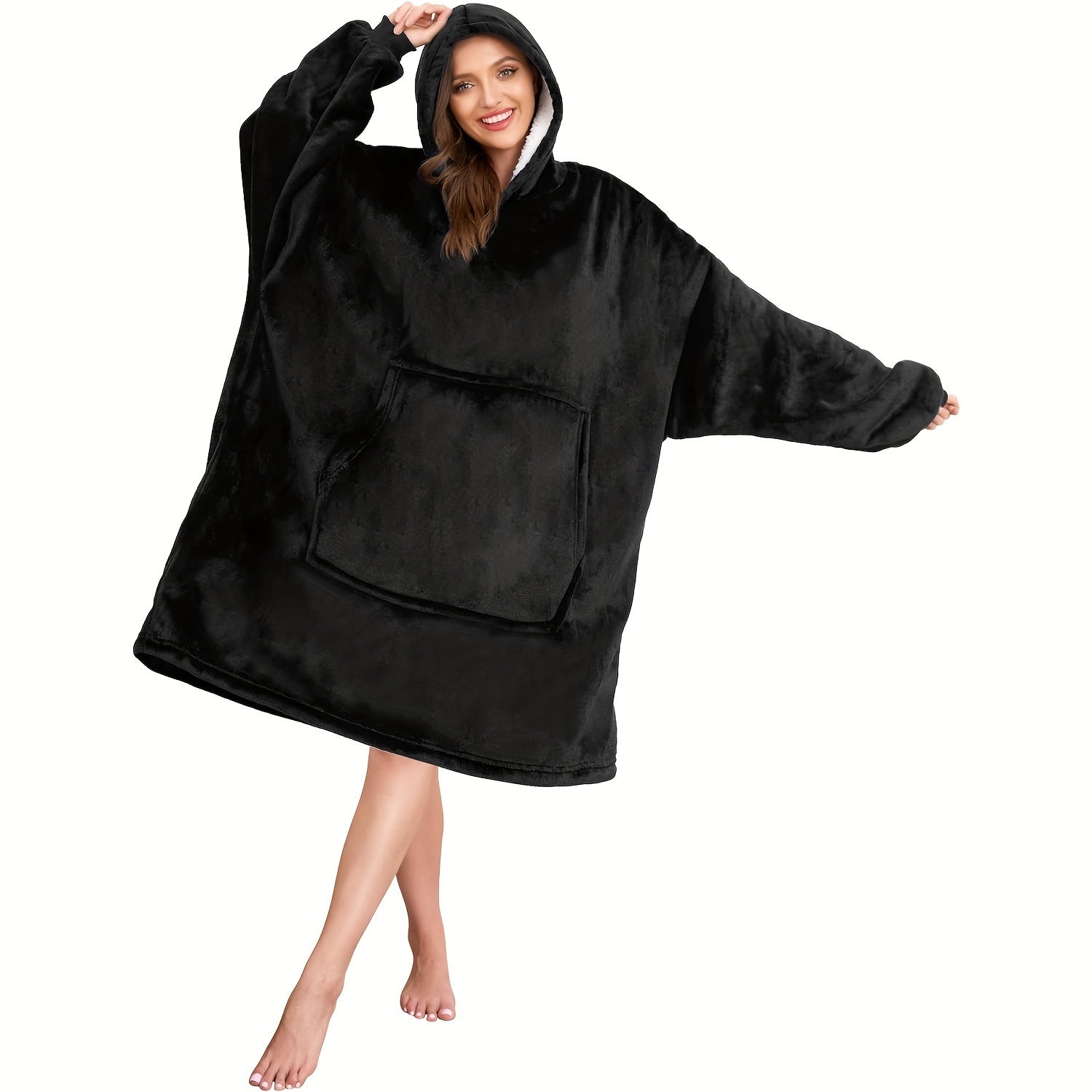 Oversized Hooded Blanket Flannel Wearable Throw with Pocket and Hood