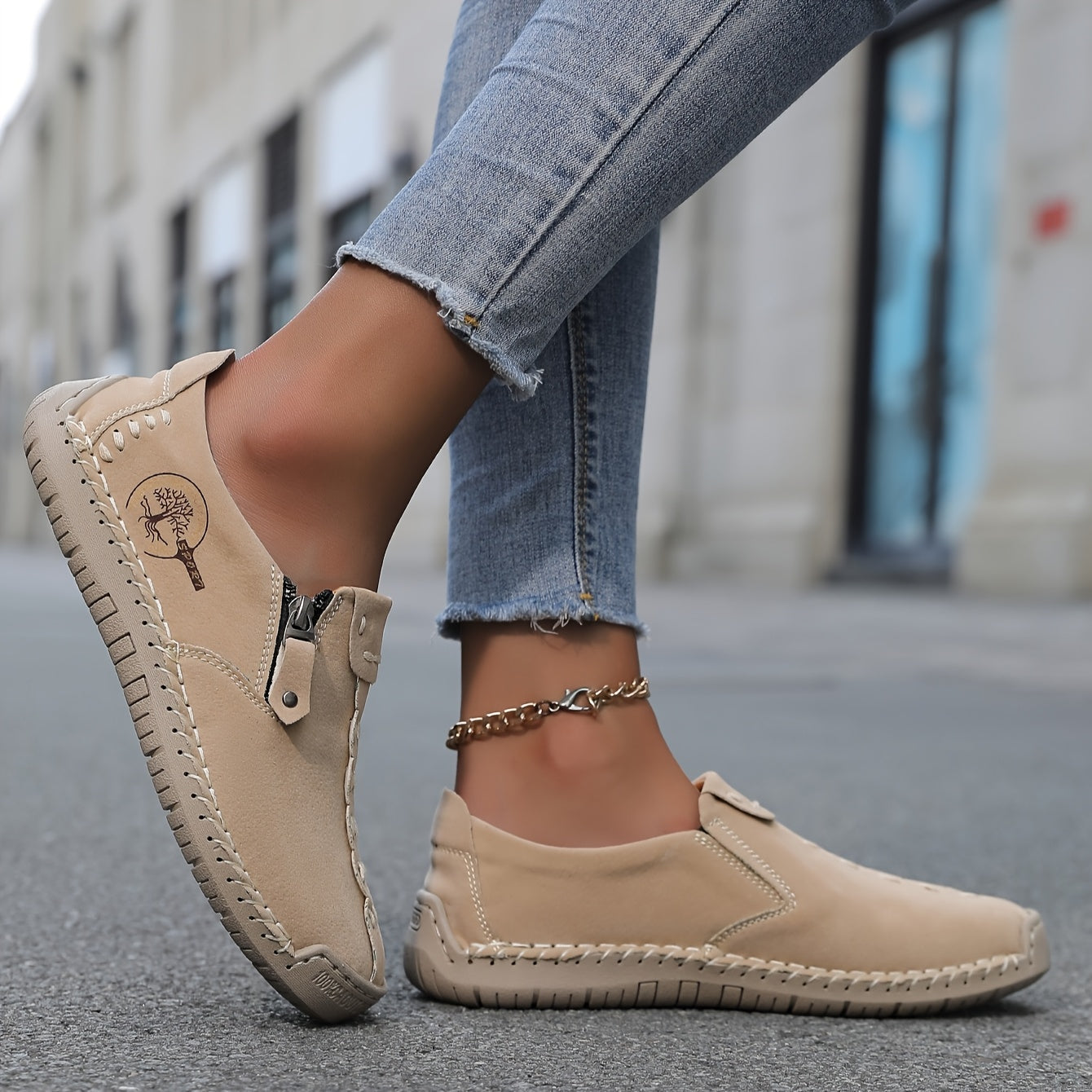 Women's Faux Leather Loafers with Elastic Panels Non-Slip Rubber Sole