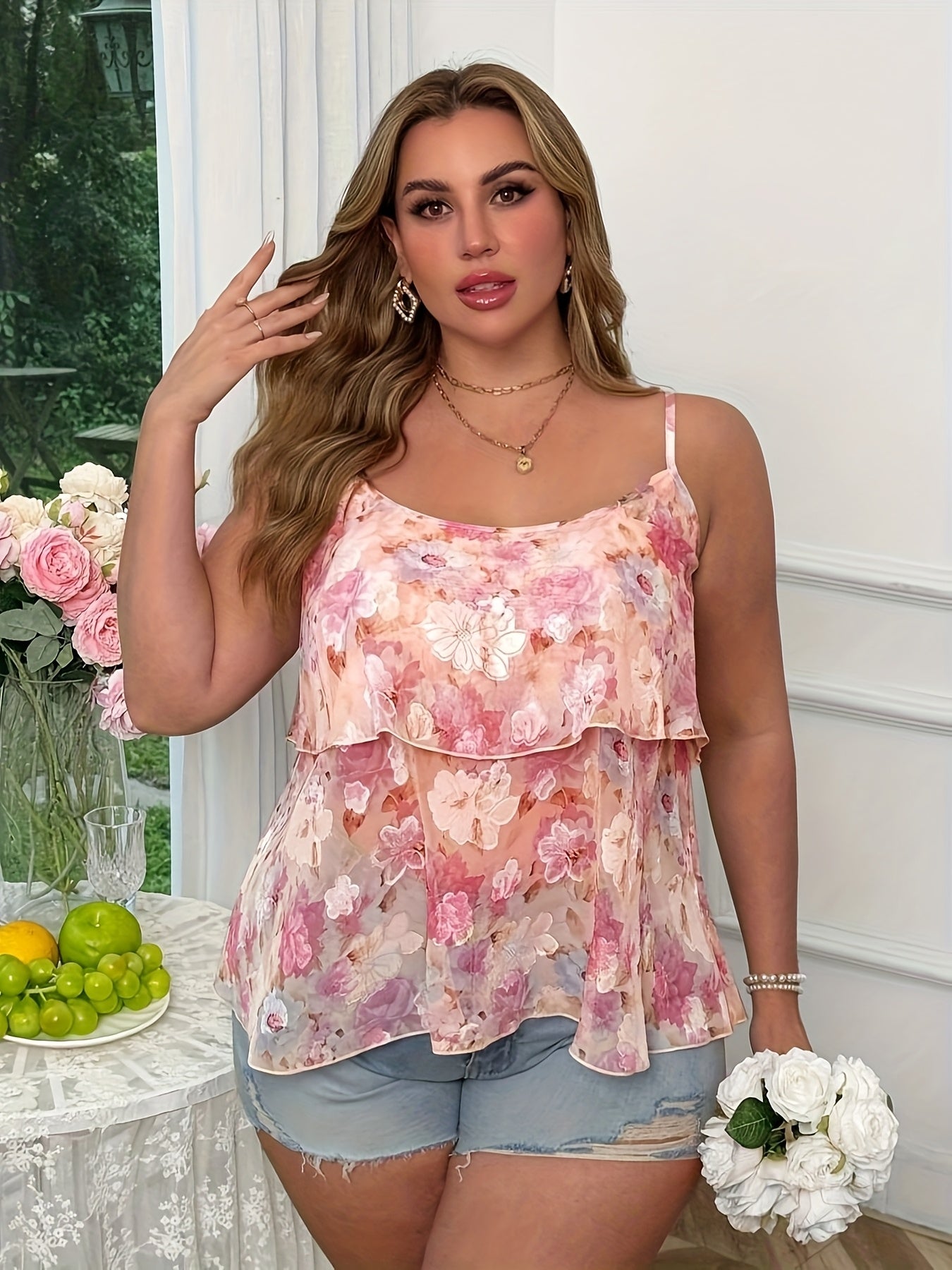 Женская топ-камис из жаккардового цветочного принта в стиле А-силуэт, розовая, летний отпуск, плюс сайз