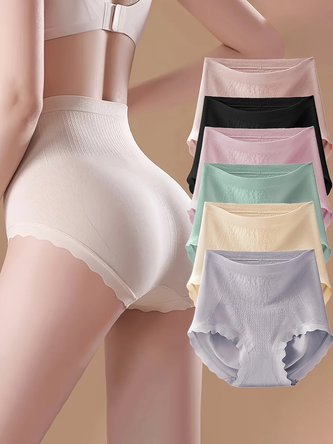 Women's High Waist Solid Panties Breathable Tummy Control Briefs 6 Pack