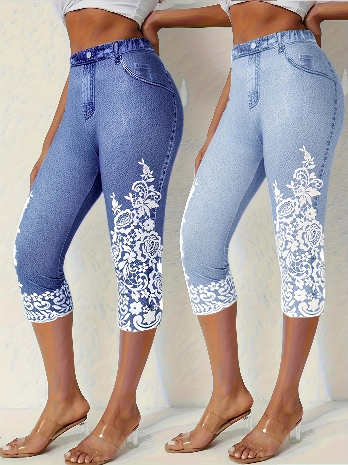 Women's Plus Size Denim Printed Capri Pants Two-Piece Set