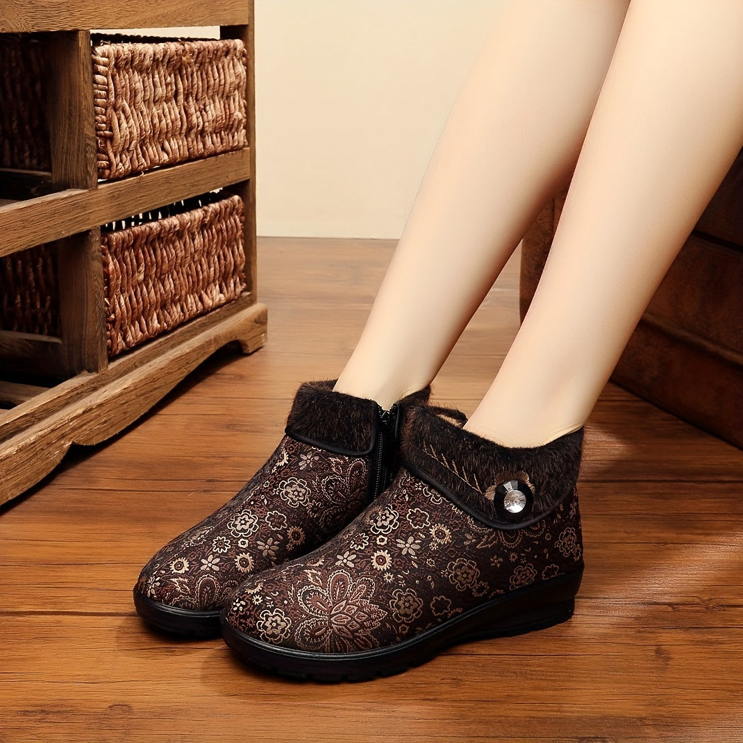 Women's Plush Snow Boots Vintage Flower Non-slip Warm Winter Shoes