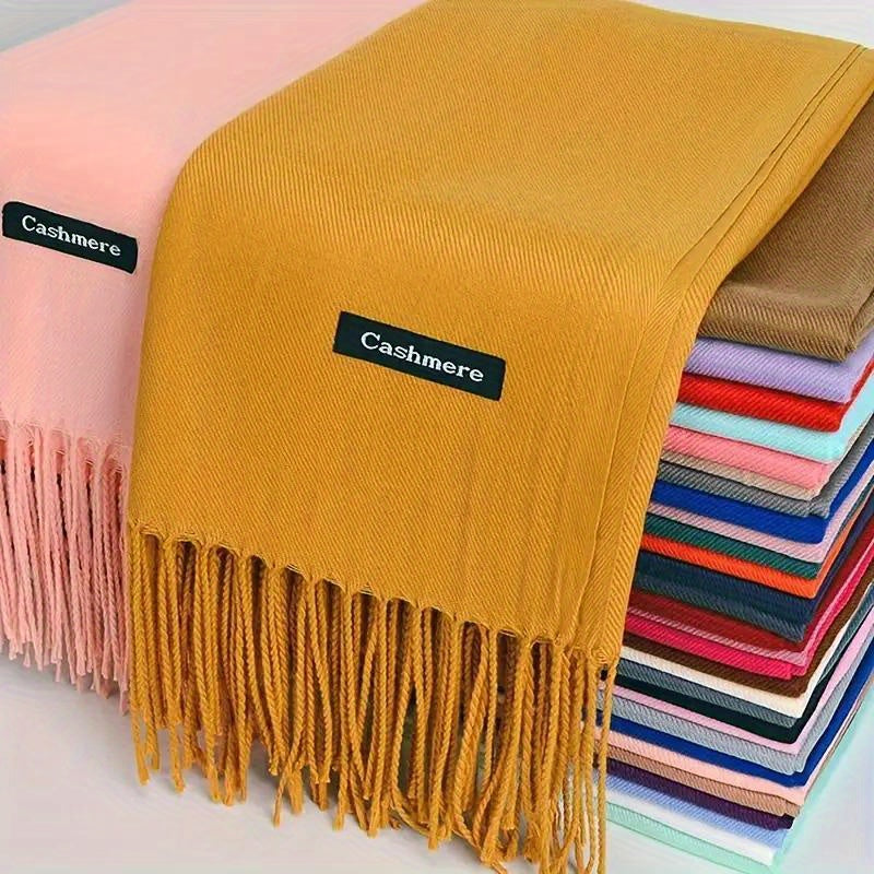 Cashmere-Feel Boho Tassel Scarf for Fall Winter Solid Colors Windproof Stylish
