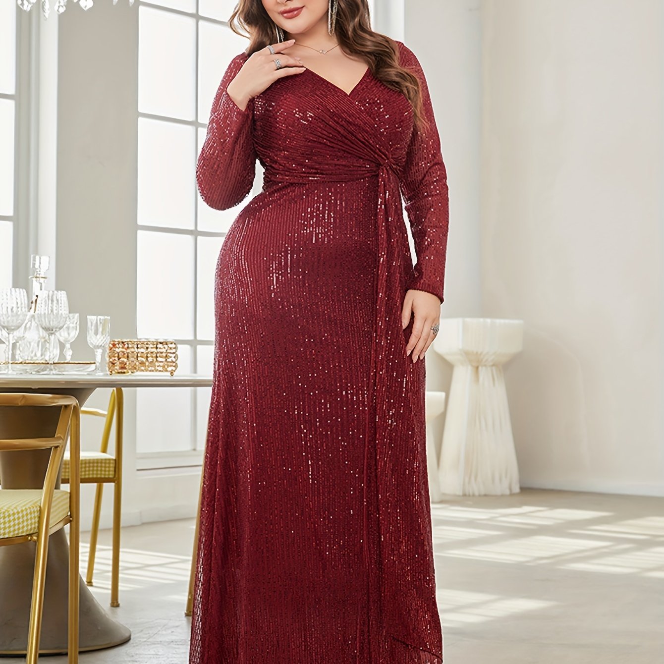 Women's Sequin Elegant Party Wedding Dress V-Neck Long Sleeve A-Line Mermaid