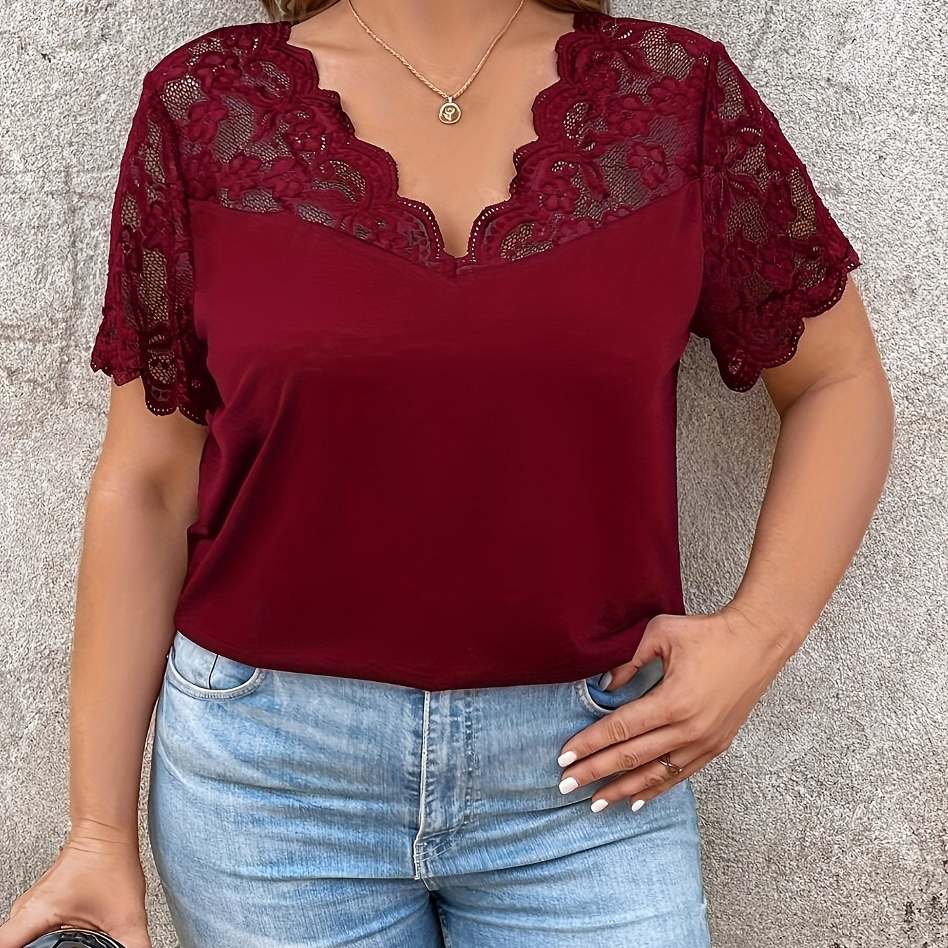 Plus Size Women's T-Shirt Short Sleeve Contrast Lace Trim Spring Summer