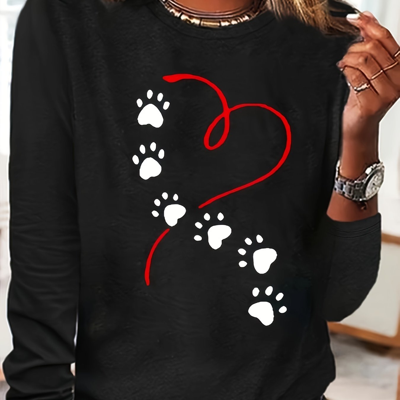 Plus Size Women's Cotton Long Sleeve T-Shirt with Heart and Paw Print