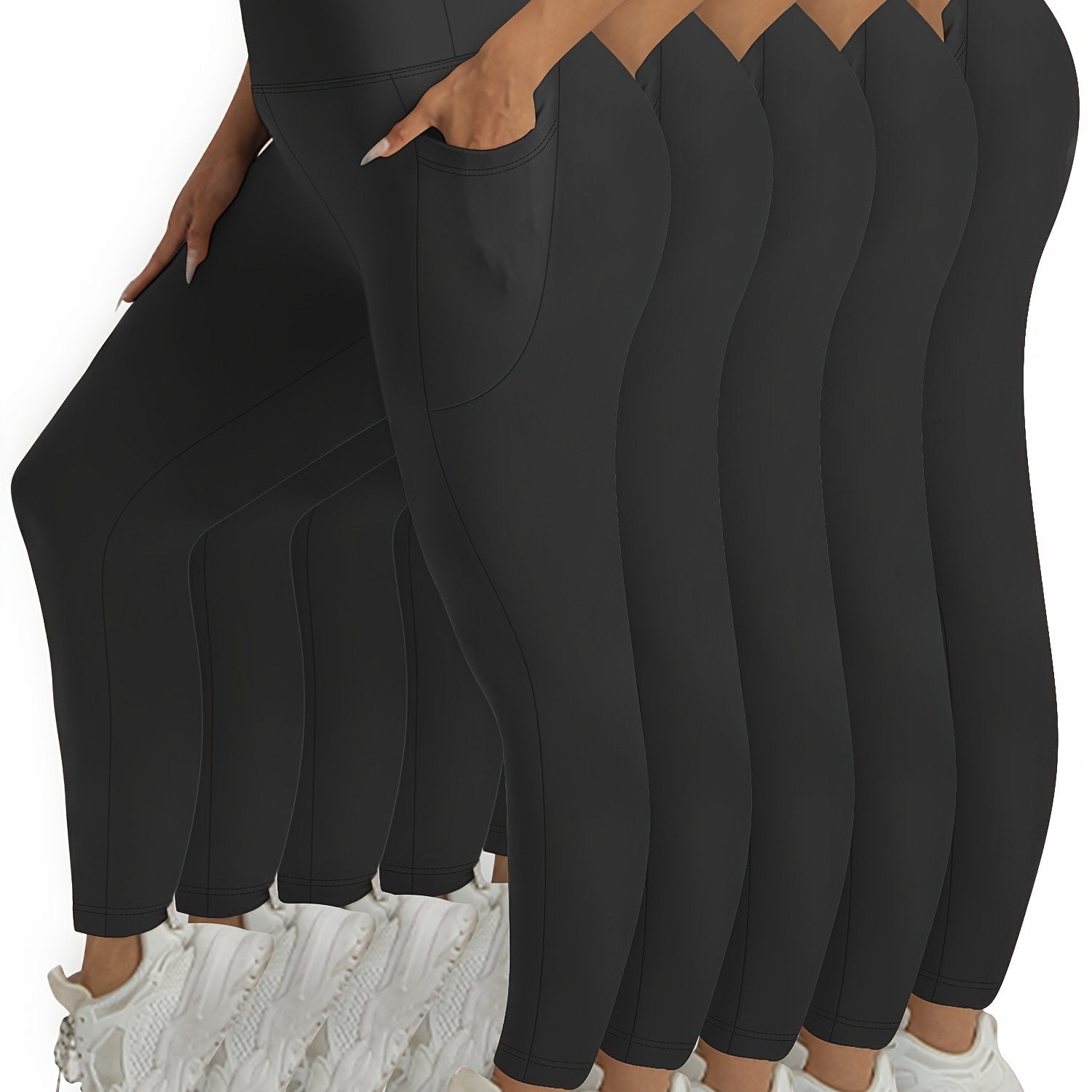 Plus Size Women’s Tummy Control Leggings 5-Pack High-Waisted Pockets