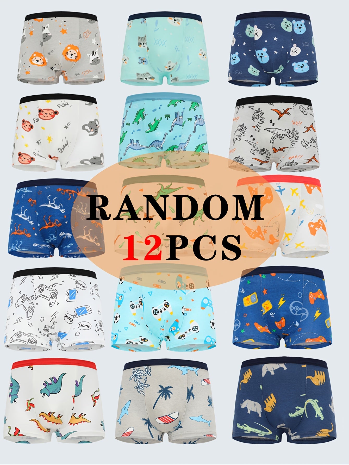 Pack de 12 calzoncillos de algodón para niños con estampados de coches de dibujos animados y dinosaurios cómodos, transpirables y suaves