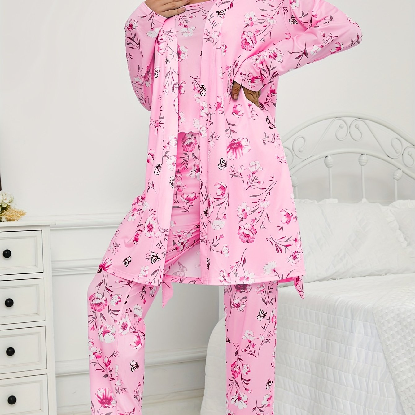 Women's Floral Butterfly Print 3-Piece Pajama Set Long Pants Long Sleeve Belted Robe All-Season Loungewear