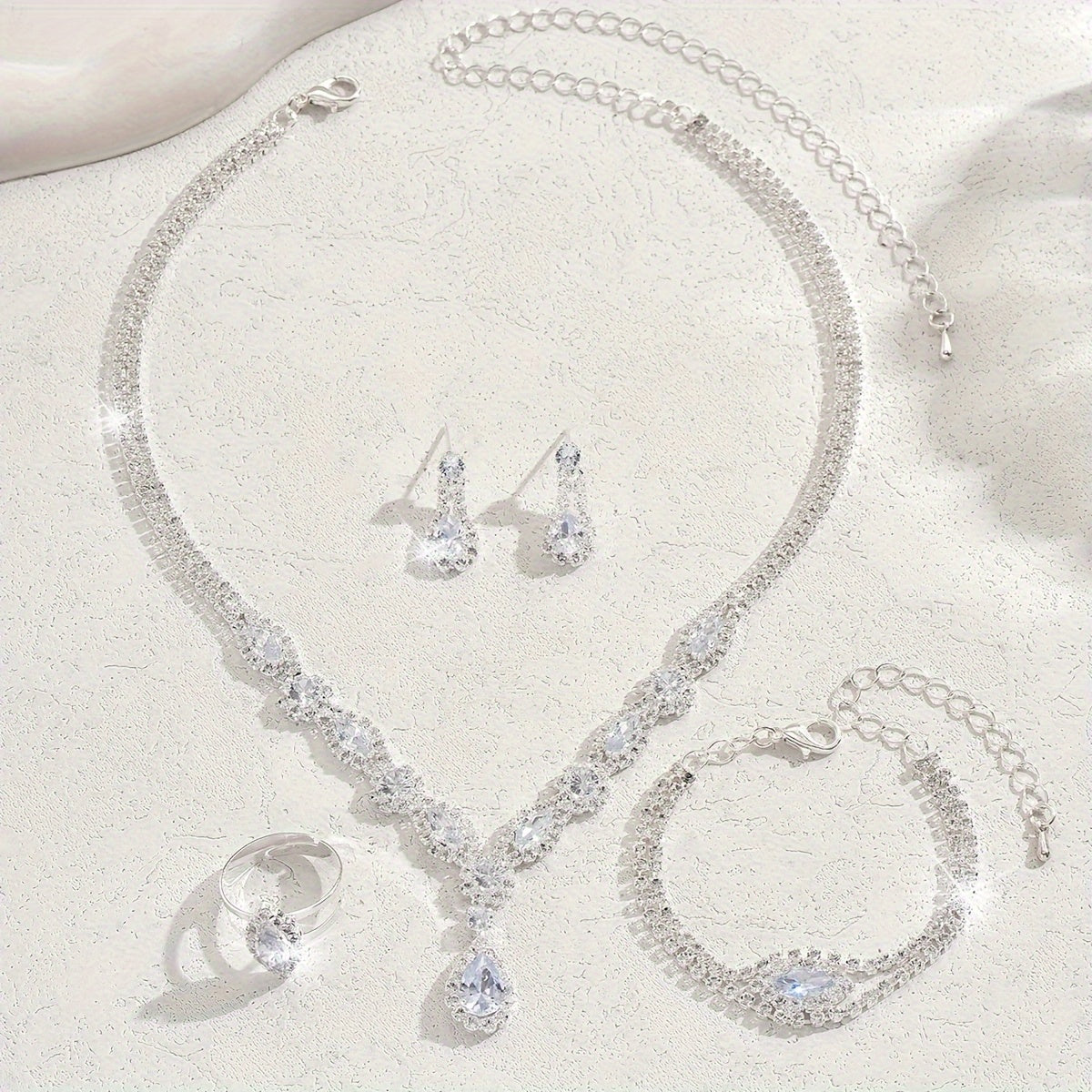 Set of 5 Silver-Plated Bridal Jewelry Water Drop Rhinestone Necklace Bracelet Earrings Ring for Weddings