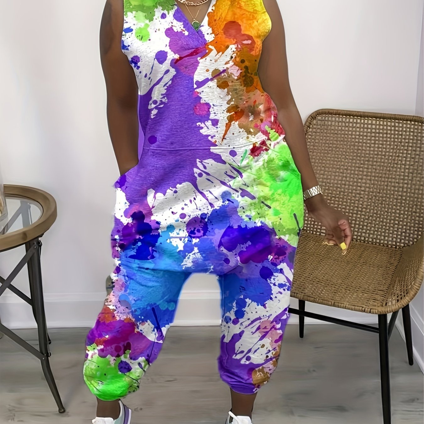 Women's Slim-Fit Sleeveless Tie-Dye Jumpsuit with Pockets