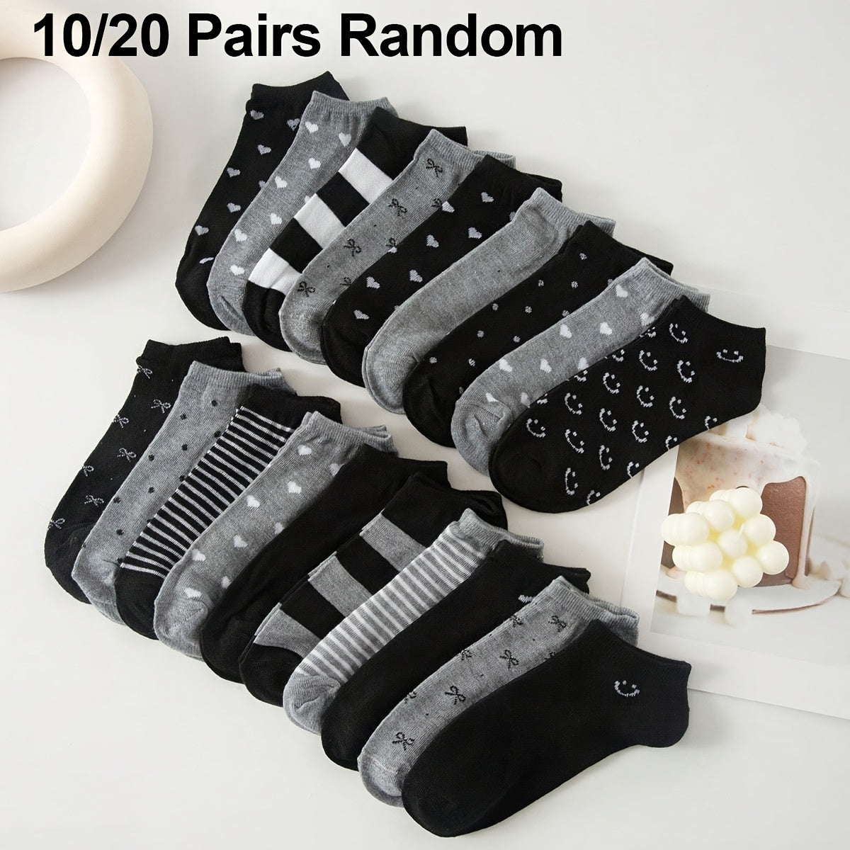 Women's Ankle Socks Black Grey Geometric Pattern 10 Pairs Knit Fabric Spandex