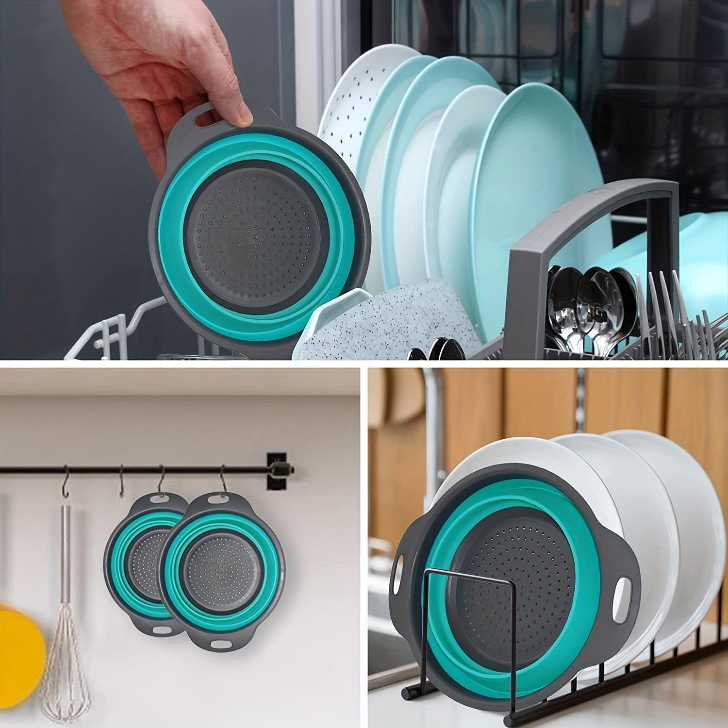 Silikon Suv Olib Tashuvchi Savatlar To'plami - 2 Ta Yumaloq Qaytariladigan Kolandlar va Lavabo Filtrlari, Oshxonada Makaron, Salat, Sabzavot va Mevalarni Suvini Olib Tashlash uchun Mukammal - Katta va Kichik O'lchamlar, Ko'p Funktsiyali Oshxona Asbobi