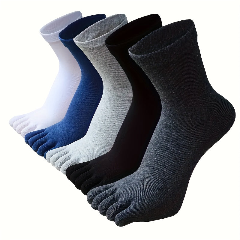 Men's Solid Color Mid-Tube Five-Finger Breathable Cotton Socks 5 or 10 Pairs
