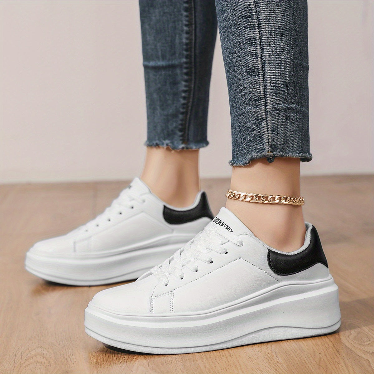 Women's Casual White Low Top Sneakers with Thick Sole and Lace-Up Design