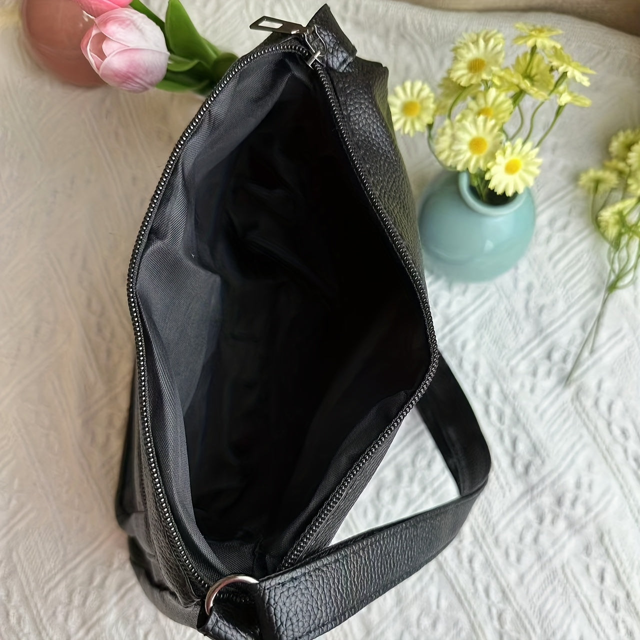 Bolso cruzado grande para mujeres para mamás negro PU correa ajustable minimalista