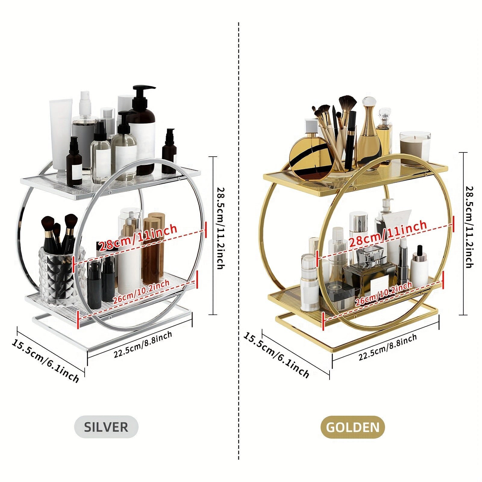 Estante de almacenamiento de cosméticos de hierro fundido dorado de 2 niveles para baño y organizador de maquillaje
