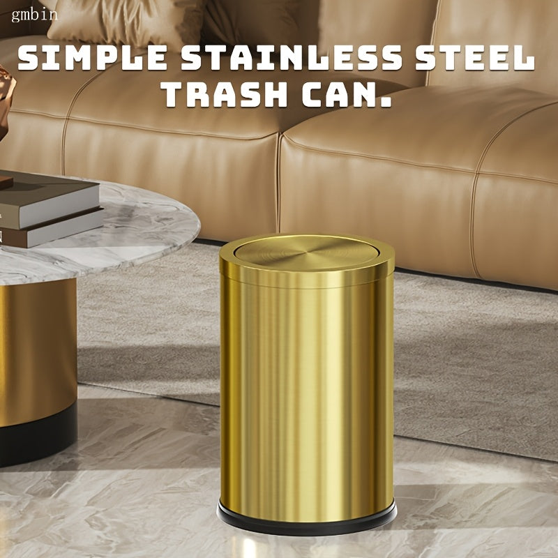 1 dona Gmbin Luxury Stainless Steel Trash Can with Swinging Lid - Zamonaviy oltin rangli yakun, shovqinsiz va yopiq, hidi va bakteriyalarni himoya qilish uchun, turli xonalar uchun ideal - Batareyasiz.