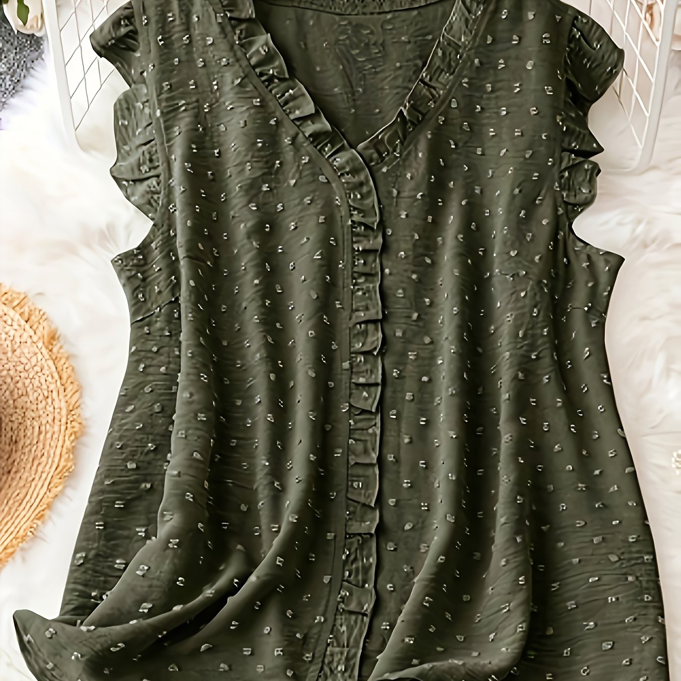 Plus Size Swiss Dot Blouse with Frill Trim V-Neck Summer Casual Women