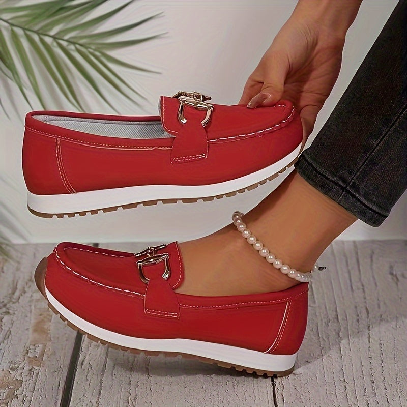 Women's Solid Color Loafers with Metallic Buckle and Soft Sole