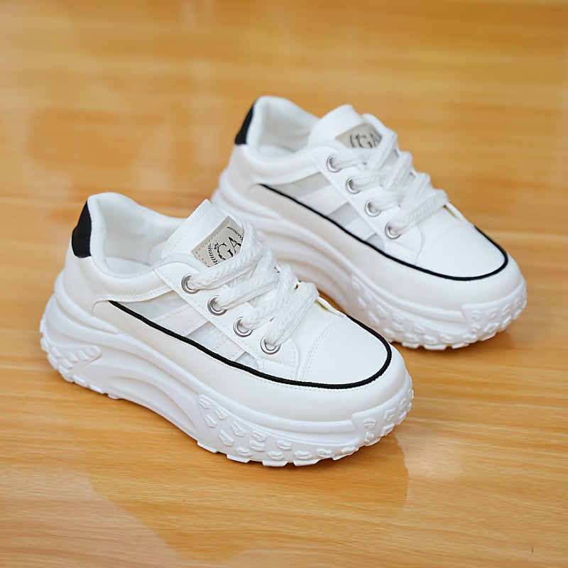 Women's Breathable Mesh Casual Sneakers White Red Chunky Sole