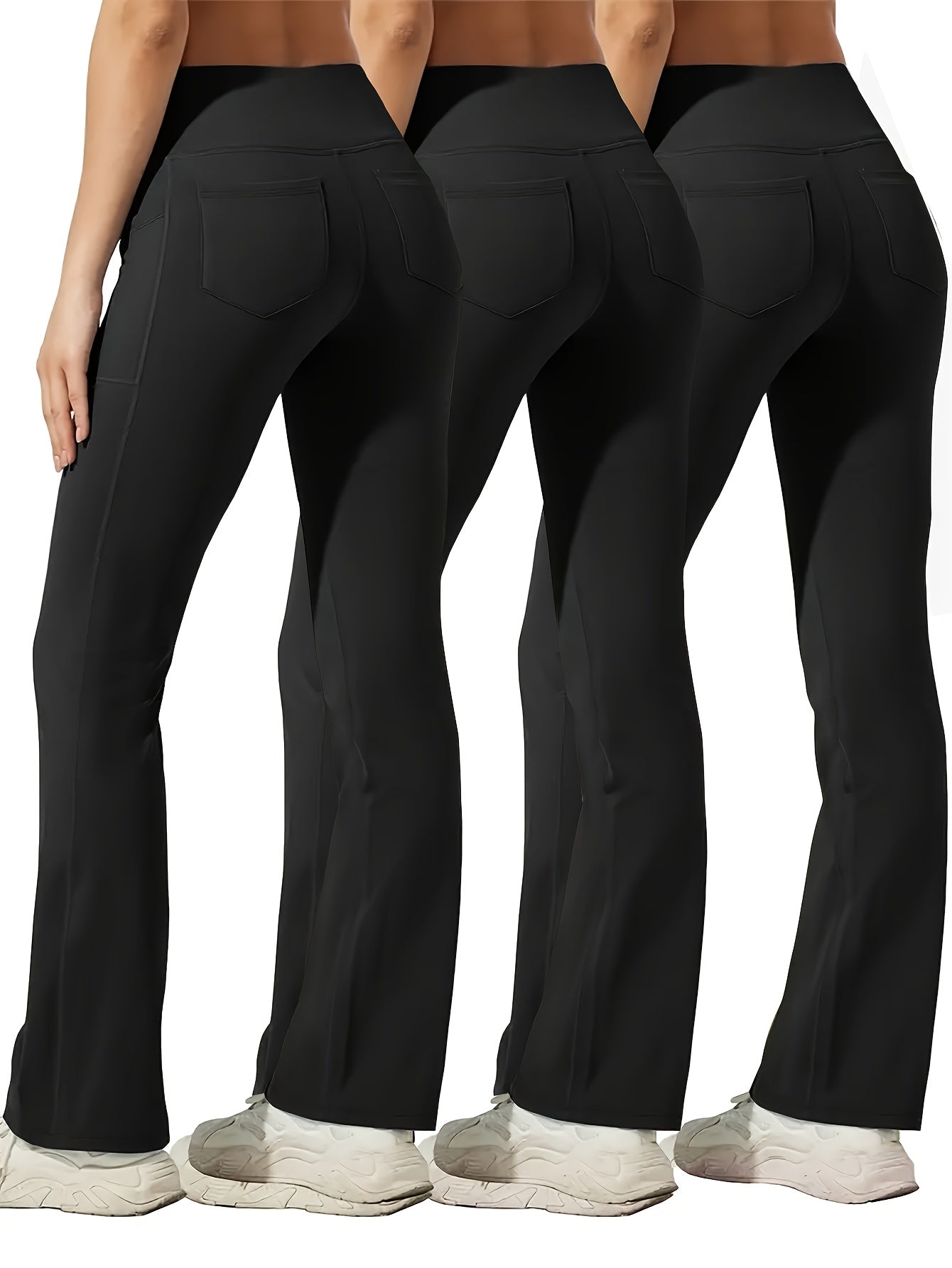 Pantalones de pierna acampanada para mujer de talla grande con bolsillos para teléfono, con control de abdomen elástico en negro, verde y azul