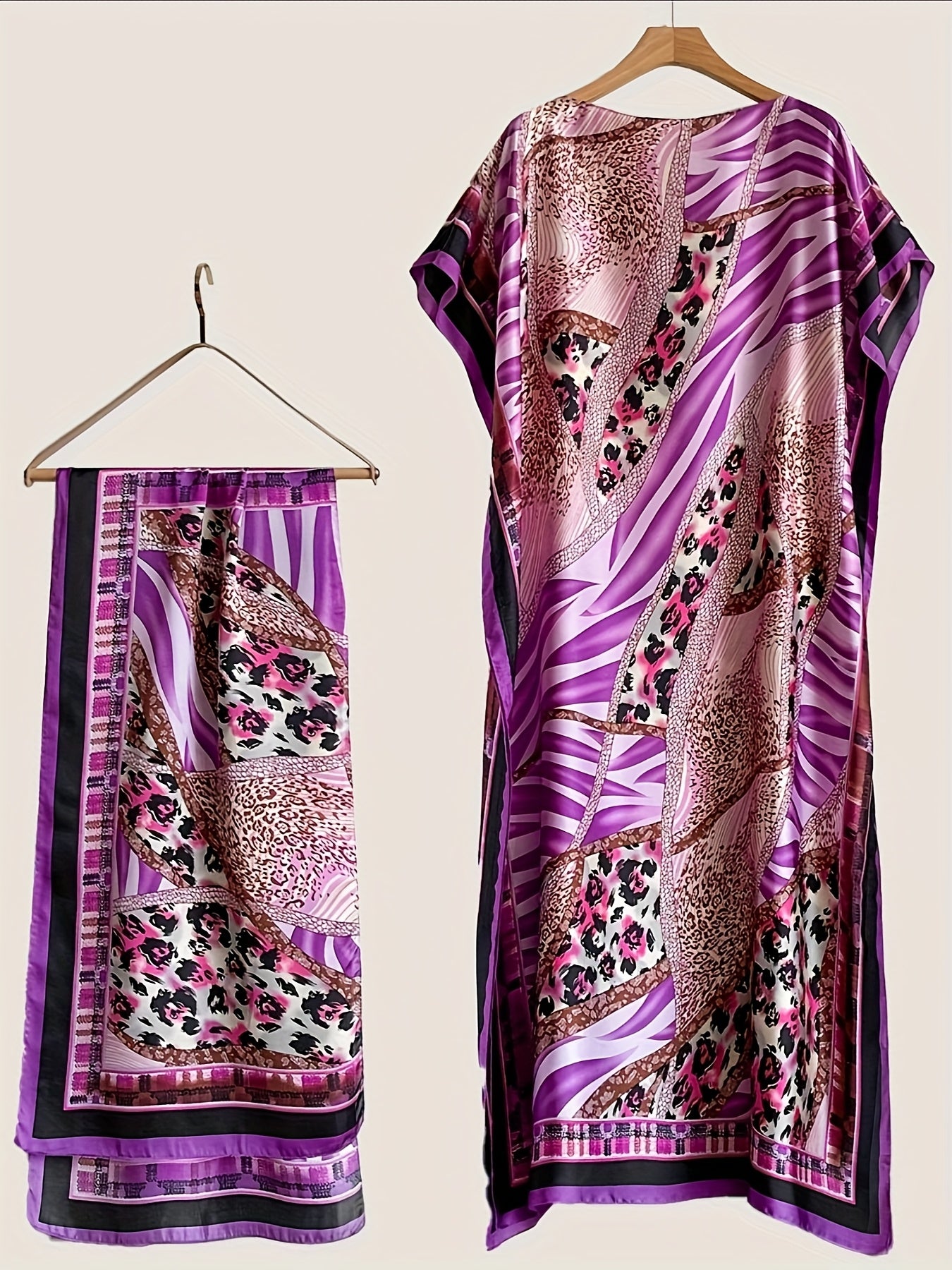 vestido largo de mujer de tallas grandes con estampado geométrico y bufanda para todas las estaciones en morado, marrón, rosa y negro