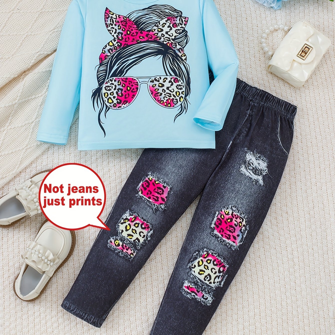 Girls' 2-Piece Spring and Autumn Set Long-Sleeved Top and Pants Digital Face Print