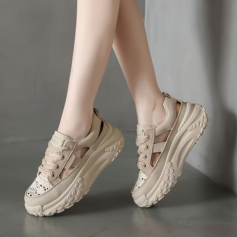 Women's Breathable Mesh Sneakers Summer Walking Shoes Casual Lace-Up Beige Black