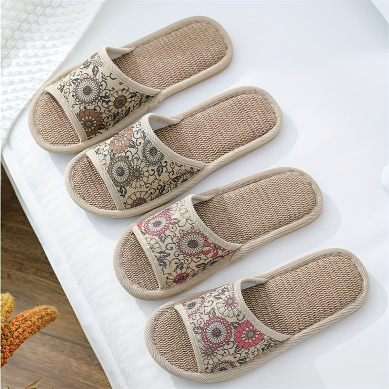 Women Flower Pattern Slippers Open Toe Linen Indoor Shoes