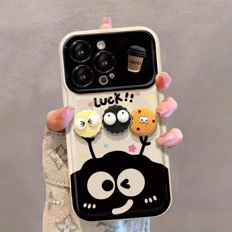 Large Window Flip Mirror Phone Case for iPhone with Coal Ball Coffee Doll Design Full Cover Edge Anti-Fall TPU